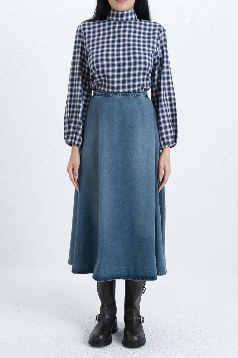 Bayan Mavi Kloş Denim Midi Etek