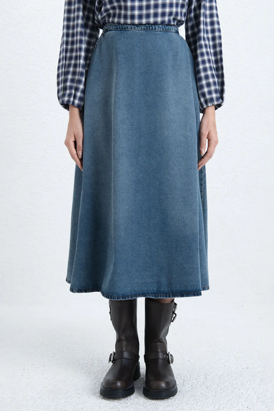 Bayan Mavi Kloş Denim Midi Etek