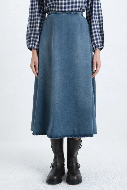 Bayan Mavi Kloş Denim Midi Etek - BSL