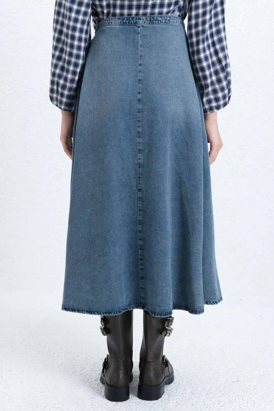 Bayan Mavi Kloş Denim Midi Etek