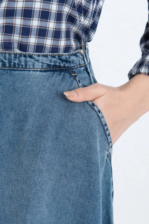Bayan Mavi Kloş Denim Midi Etek - BSL