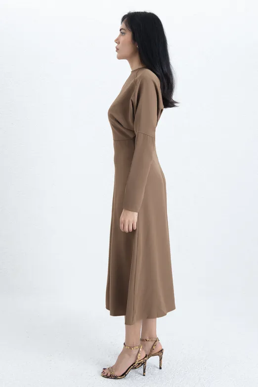 Bayan Haki Yarasa Kollu Volanlı Midi Elbise - BSL