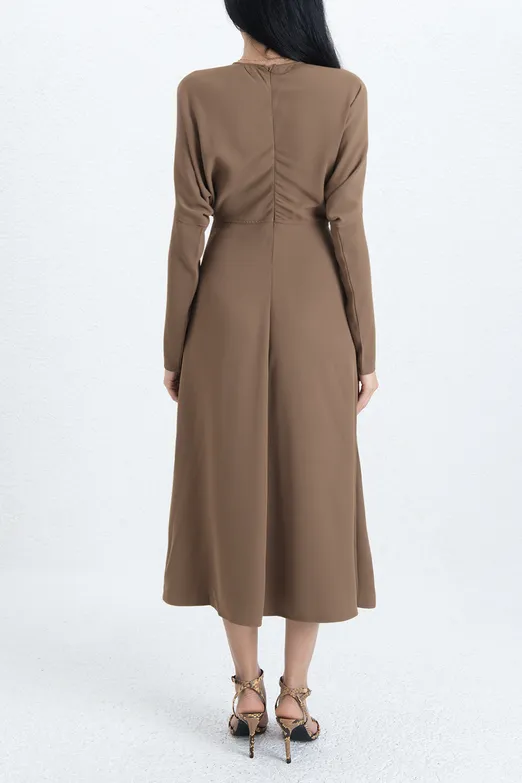 Bayan Haki Yarasa Kollu Volanlı Midi Elbise - BSL