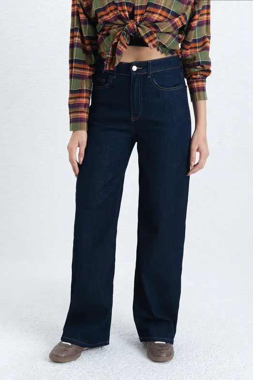 Bayan Lacivert Sim Karışımlı Düz Kesim Denim Pantolon - BSL