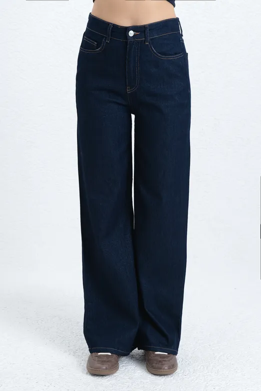 Bayan Lacivert Sim Karışımlı Düz Kesim Denim Pantolon - BSL