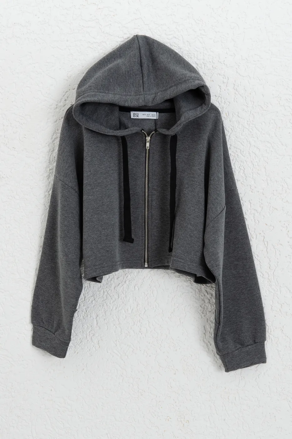 Bayan Antrasit Kapüşonlu Crop Sweatsirt