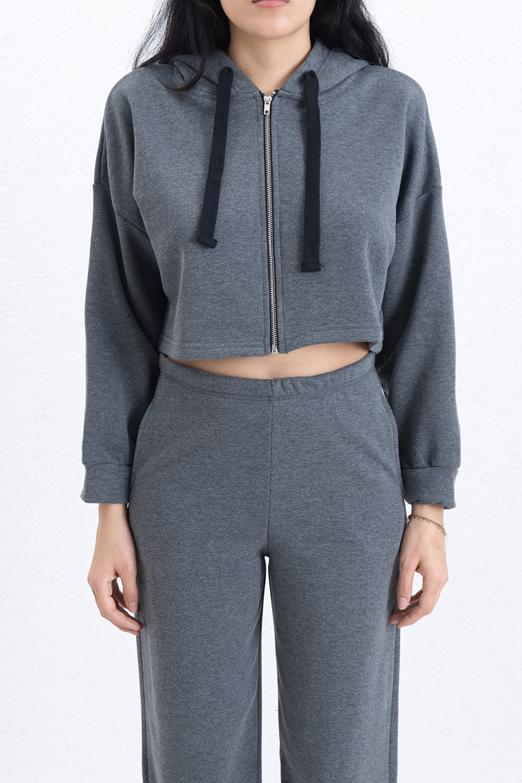 Bayan  Kapüşonlu Crop Sweatsirt