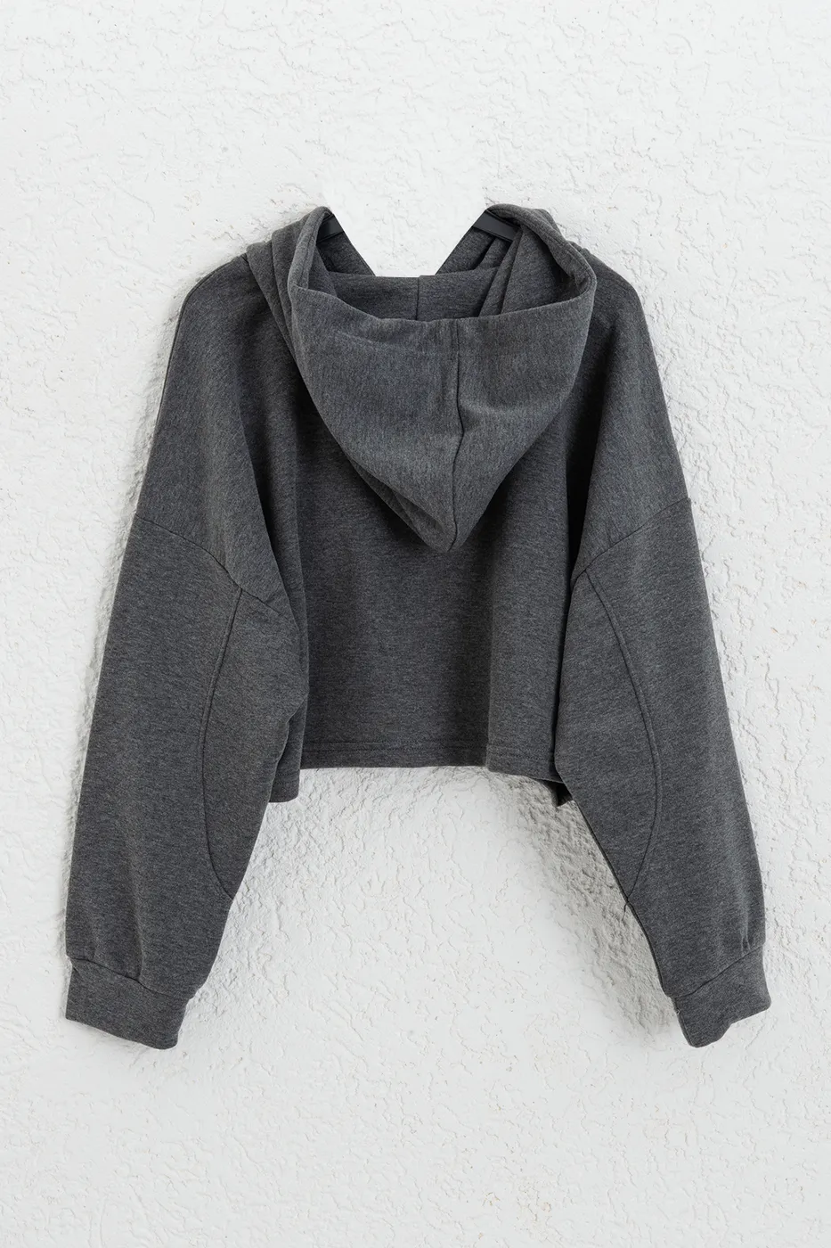 Bayan Antrasit Kapüşonlu Crop Sweatsirt