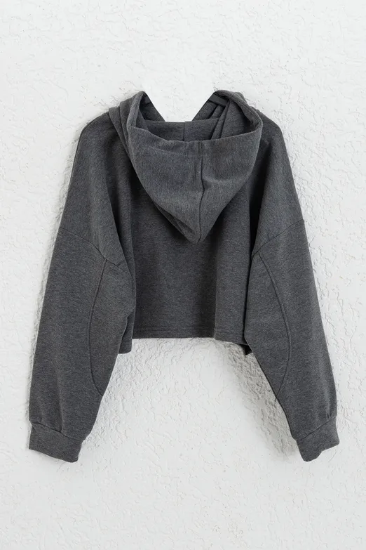 Bayan Antrasit Kapüşonlu Crop Sweatsirt - BSL