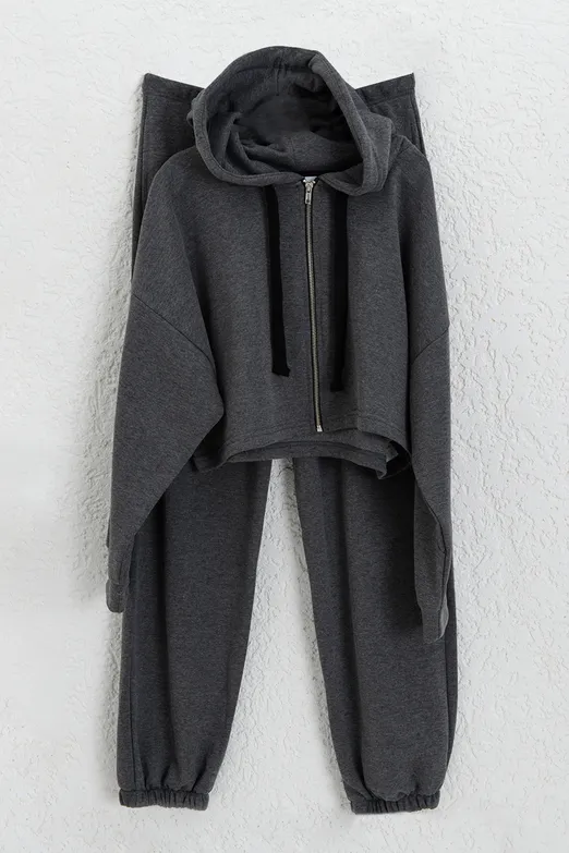 Bayan Antrasit Kapüşonlu Crop Sweatsirt - BSL