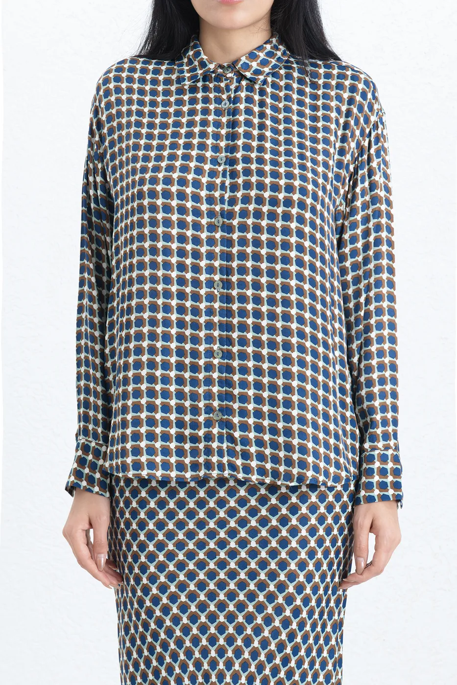 Bayan Lacivert Saten Oversize Gömlek