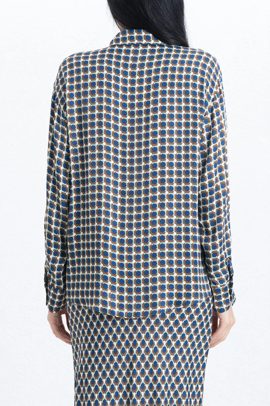 Bayan Lacivert Saten Oversize Gömlek