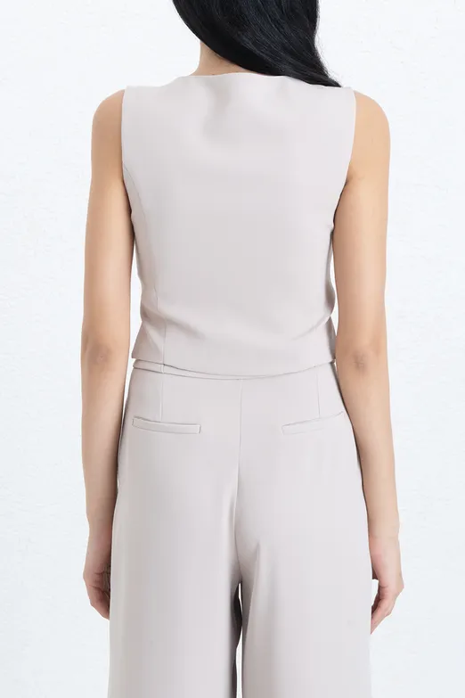 Bayan Bej Yırtmaçlı Yelek - BSL