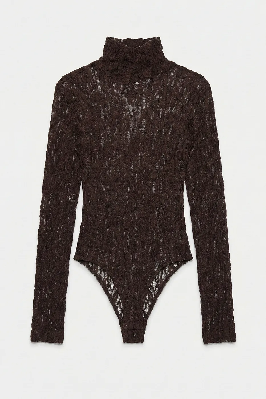 Bayan Kahverengi Dik Yakalı Dantel Bodysuit