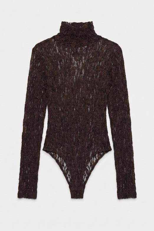 Dik Yakalı Dantel Bodysuit