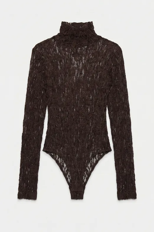 Bayan Kahverengi Dik Yakalı Dantel Bodysuit - BSL