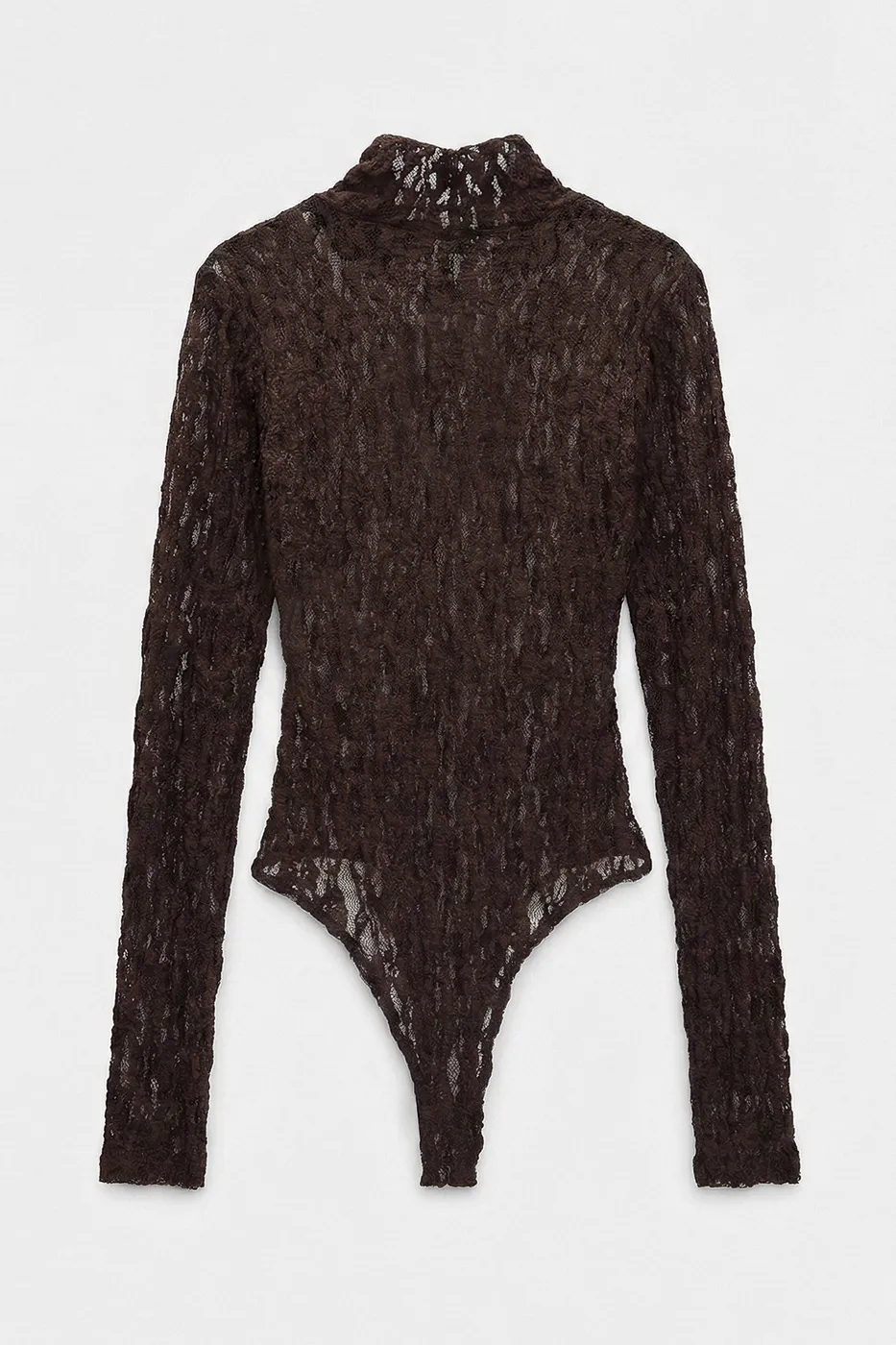 Bayan Kahverengi Dik Yakalı Dantel Bodysuit