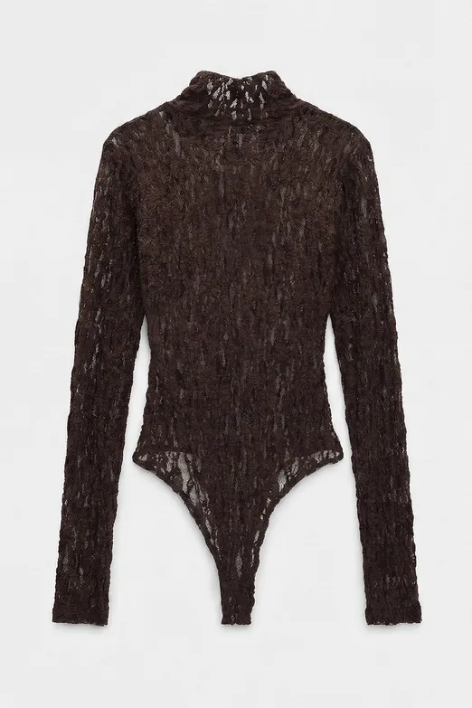 Bayan Kahverengi Dik Yakalı Dantel Bodysuit - BSL