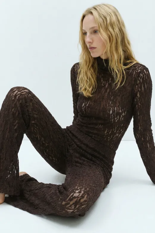 Bayan Kahverengi Dik Yakalı Dantel Bodysuit - BSL