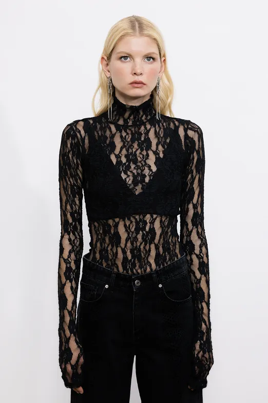 Bayan Siyah Dik Yakalı Dantel Bodysuit - BSL