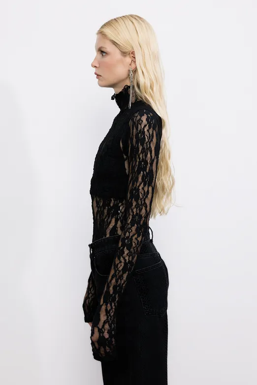 Bayan Siyah Dik Yakalı Dantel Bodysuit - BSL