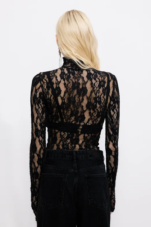 Bayan Siyah Dik Yakalı Dantel Bodysuit - BSL