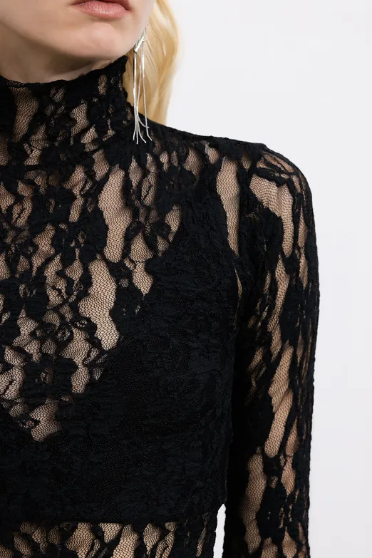 Bayan Siyah Dik Yakalı Dantel Bodysuit - BSL