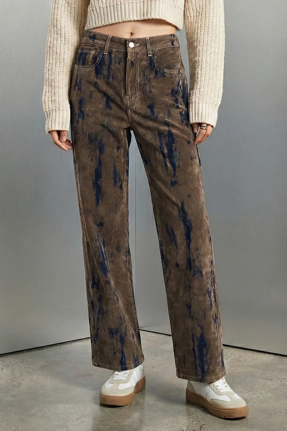 Bayan Kahverengi Flok Baskılı Pantolon