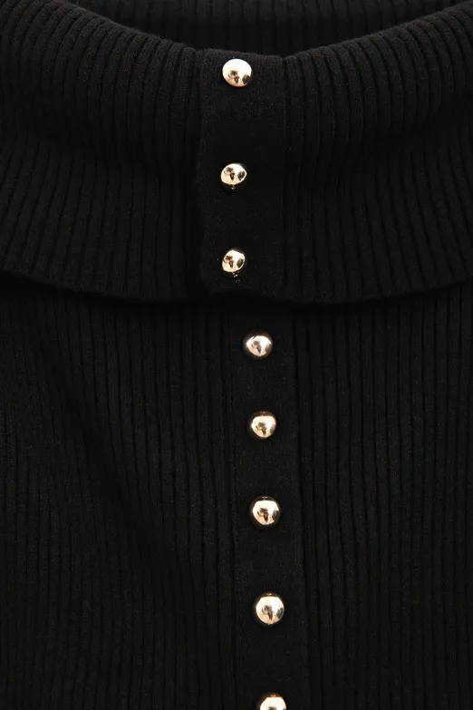 Bayan Siyah Madonna Yaka Fitilli Triko Top - BSL