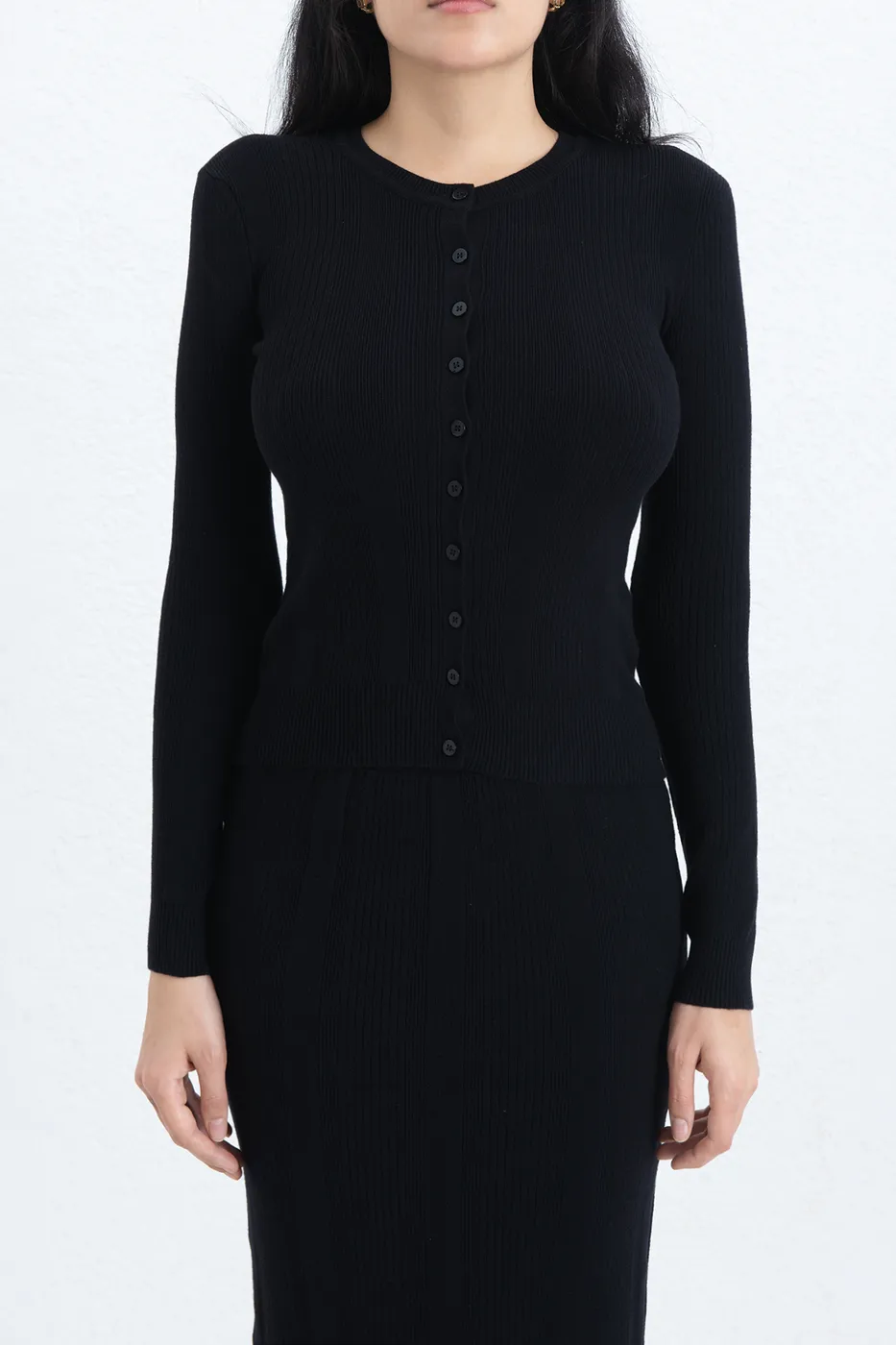 Bayan Siyah Bisiklet Yakalı Düğme Detaylı Hırka