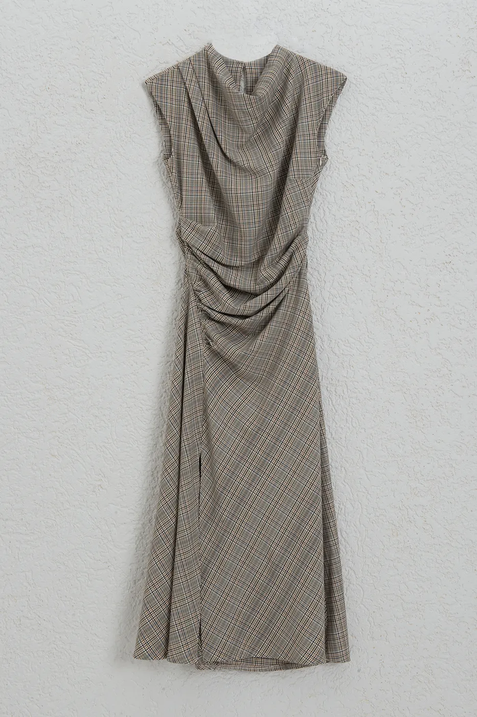 Bayan Bej Degaje Yakalı Midi Elbise