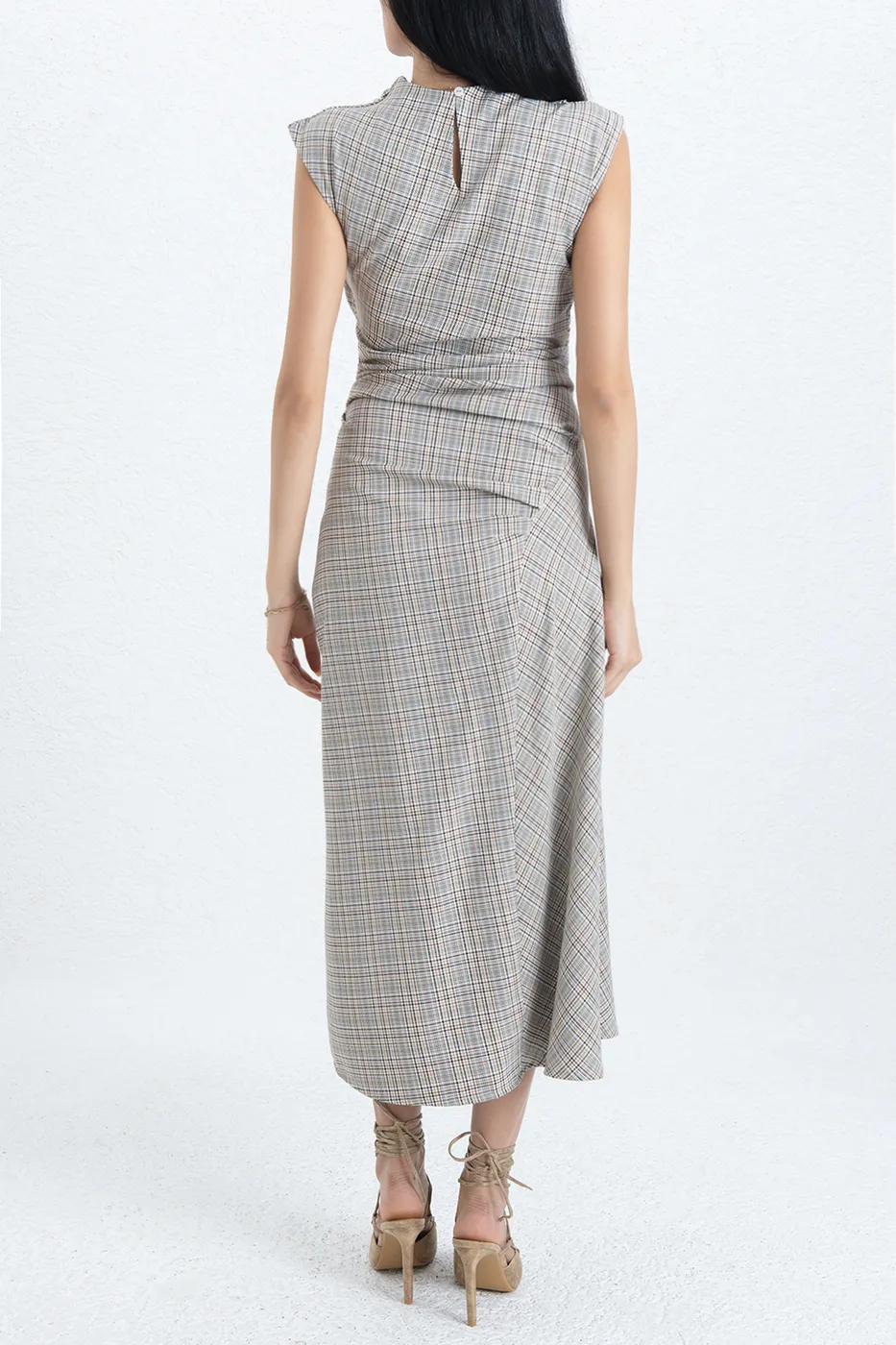 Bayan Bej Degaje Yakalı Midi Elbise