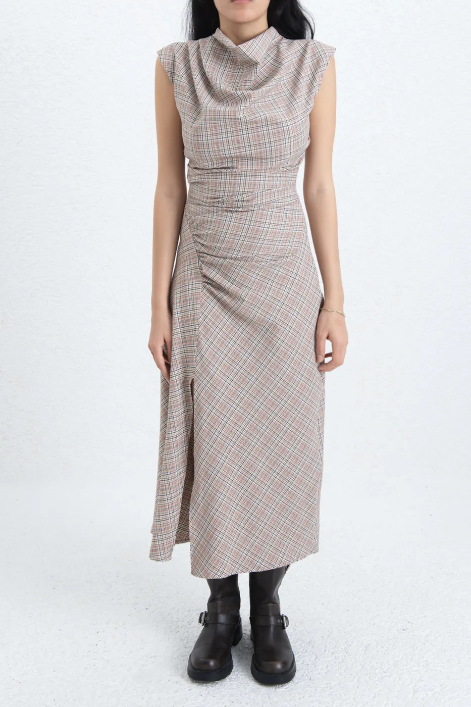 Bayan Bej Degaje Yakalı Midi Elbise