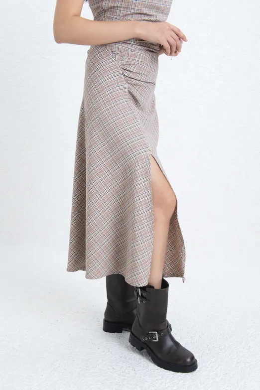 Bayan Bej Degaje Yakalı Midi Elbise - BSL