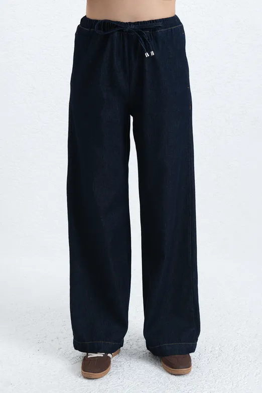 Bayan Lacivert Denim Düz Kesim Pantolon - BSL