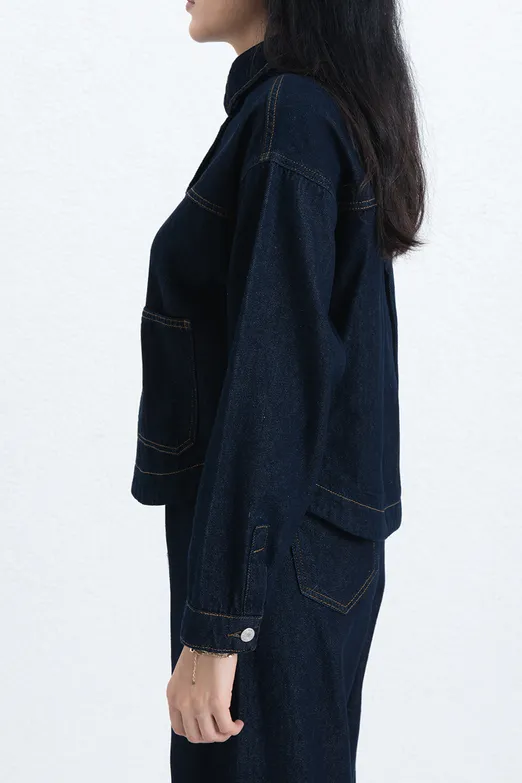 Bayan Lacivert Denim Gömlek Ceket - BSL