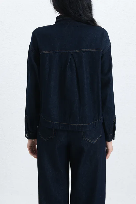 Bayan Lacivert Denim Gömlek Ceket - BSL