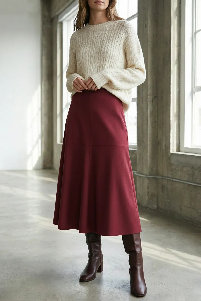 Bayan Bordo Midi Kloş Etek