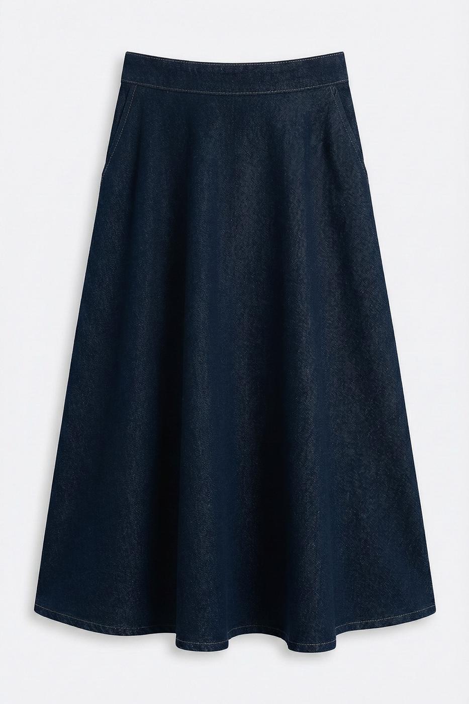 Denim Midi Kloş Etek