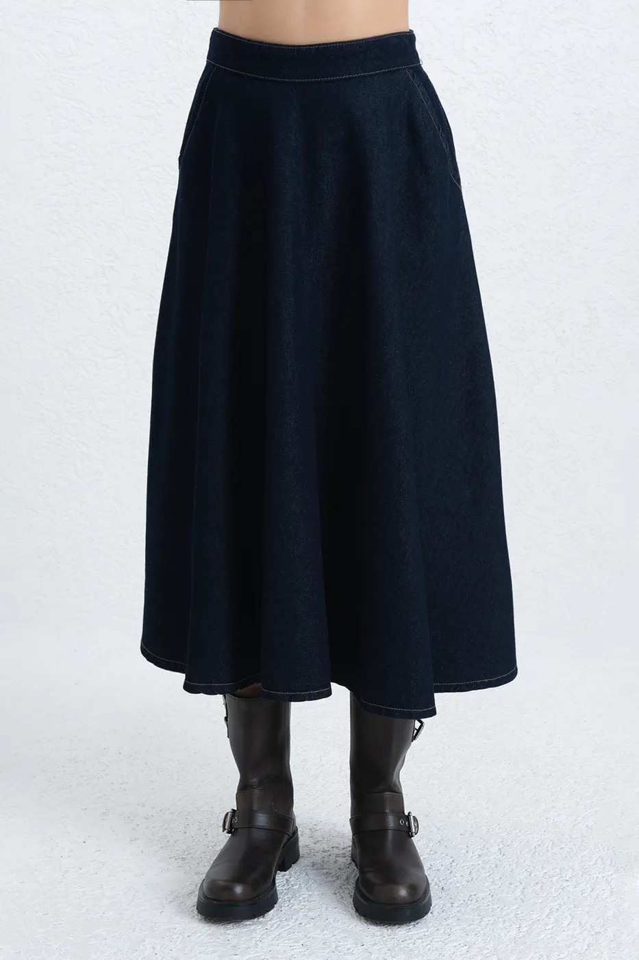 Bayan Lacivert Denim Midi Kloş Etek