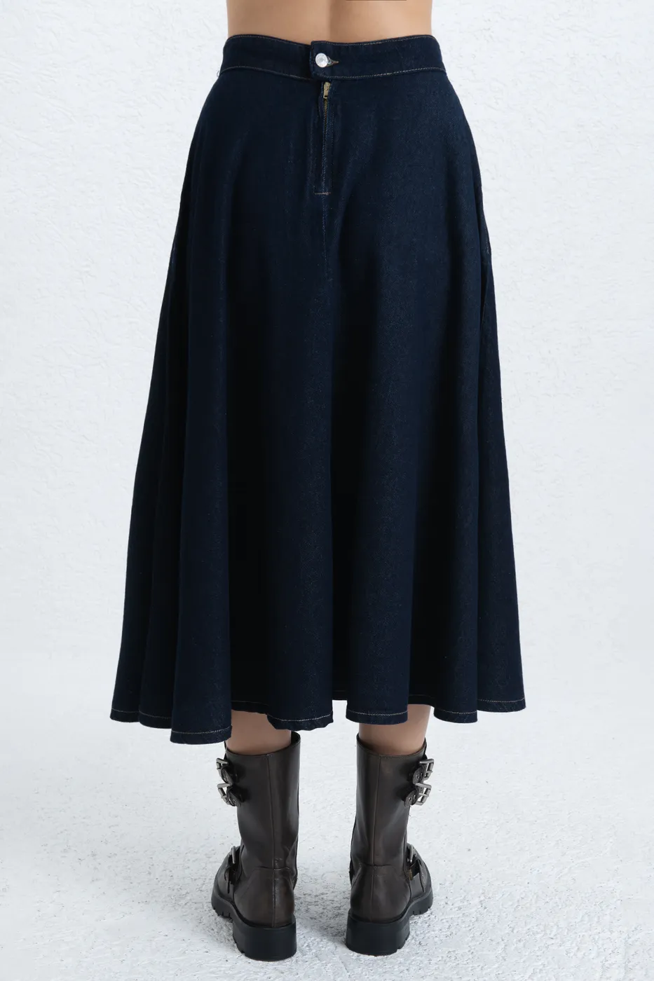 Bayan Lacivert Denim Midi Kloş Etek