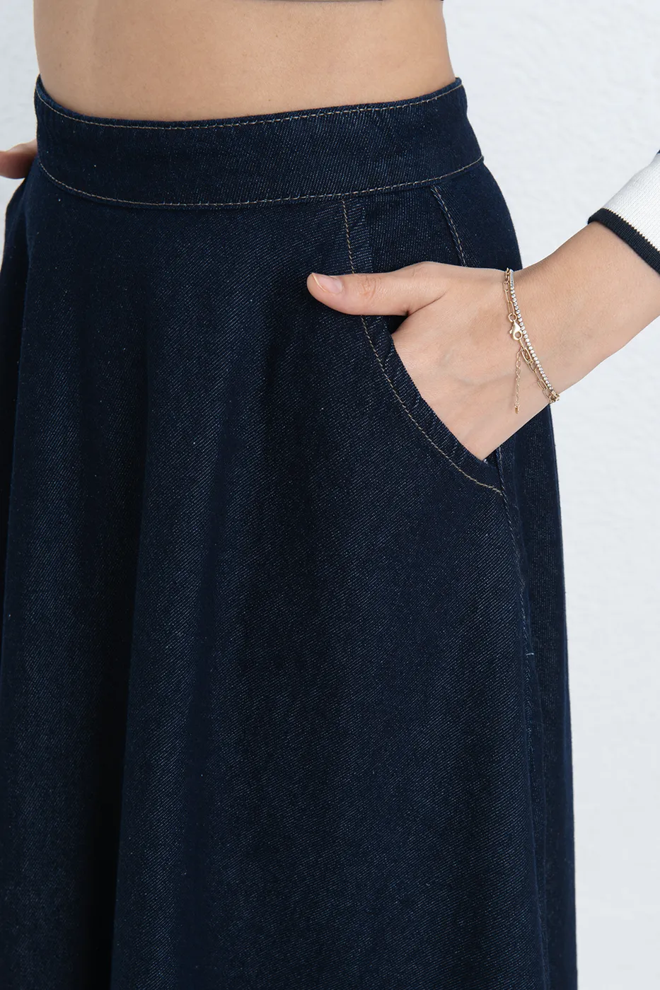 Bayan Lacivert Denim Midi Kloş Etek