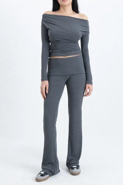 Bayan Gri Fitilli Slim Fit Pantolon - BSL