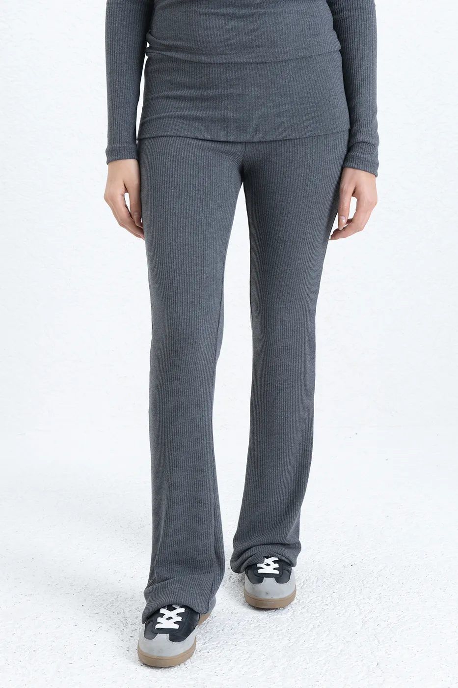 Bayan Gri Fitilli Slim Fit Pantolon