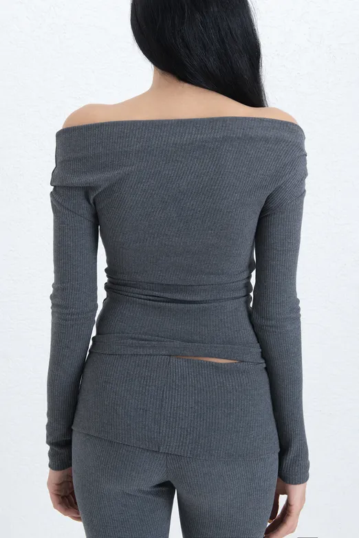 Bayan Gri Fitilli Slim Top - BSL