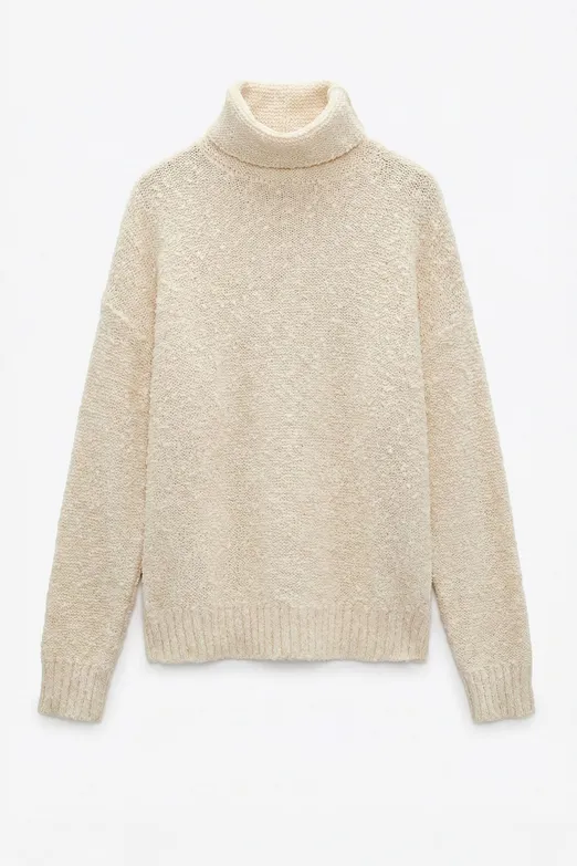 Bayan Ekru Boğazlı Oversize Kazak - BSL