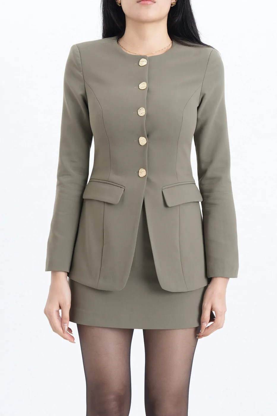 Bayan Haki Düğmeli  Yakasız Blazer Ceket