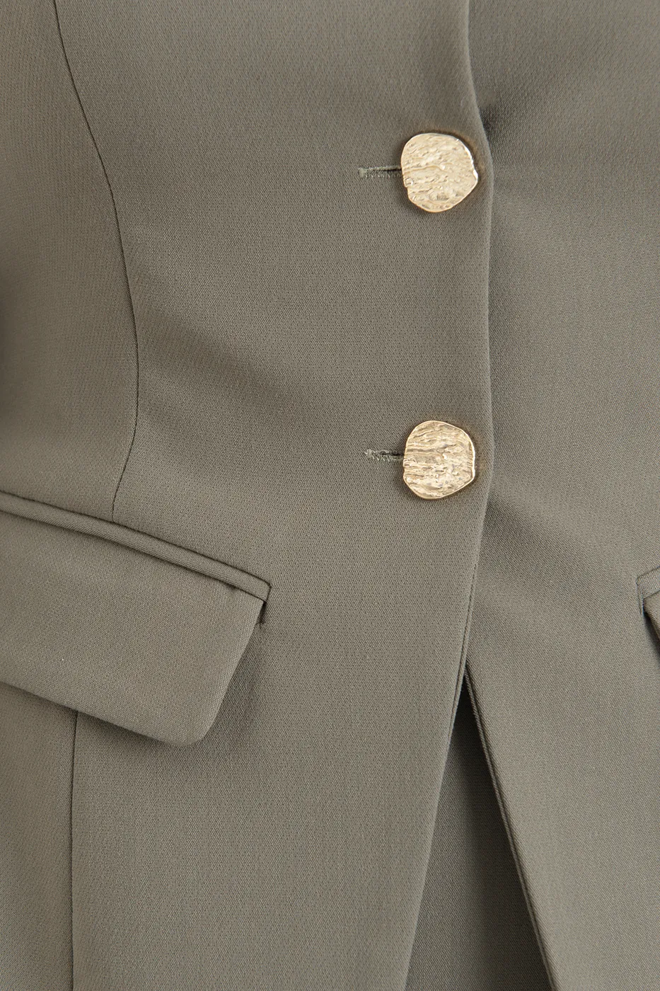 Bayan Haki Düğmeli  Yakasız Blazer Ceket