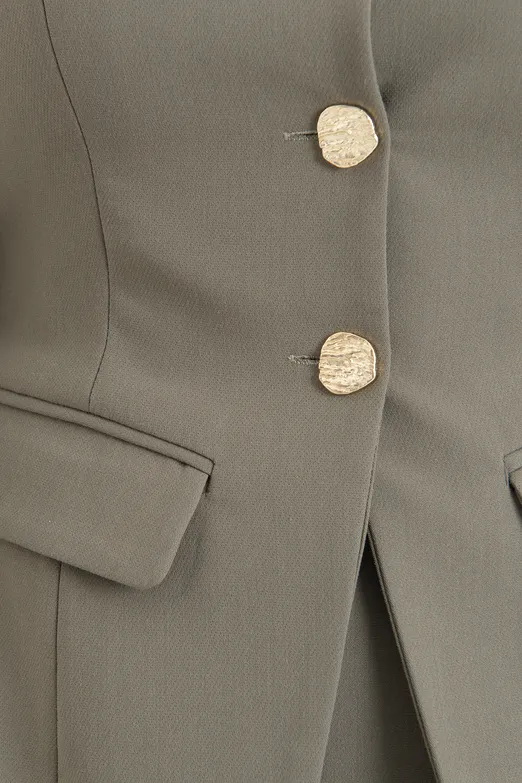 Bayan Haki Düğmeli  Yakasız Blazer Ceket - BSL