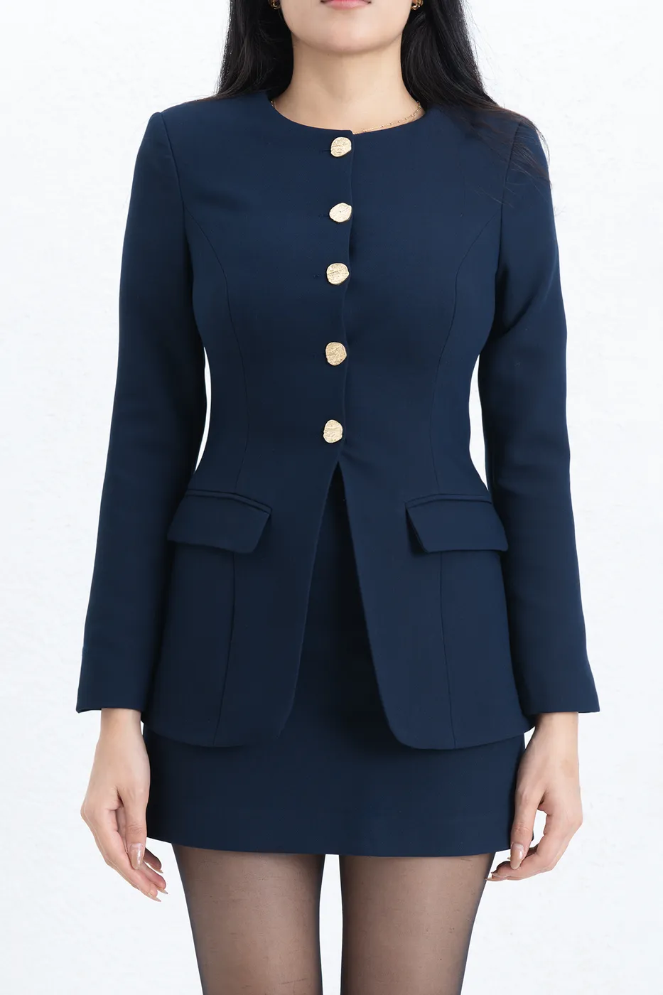 Bayan Lacivert Düğmeli  Yakasız Blazer Ceket